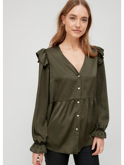 Frill Shoulder V Neck Blouse - Khaki Green. UK 8 **** Ref V385