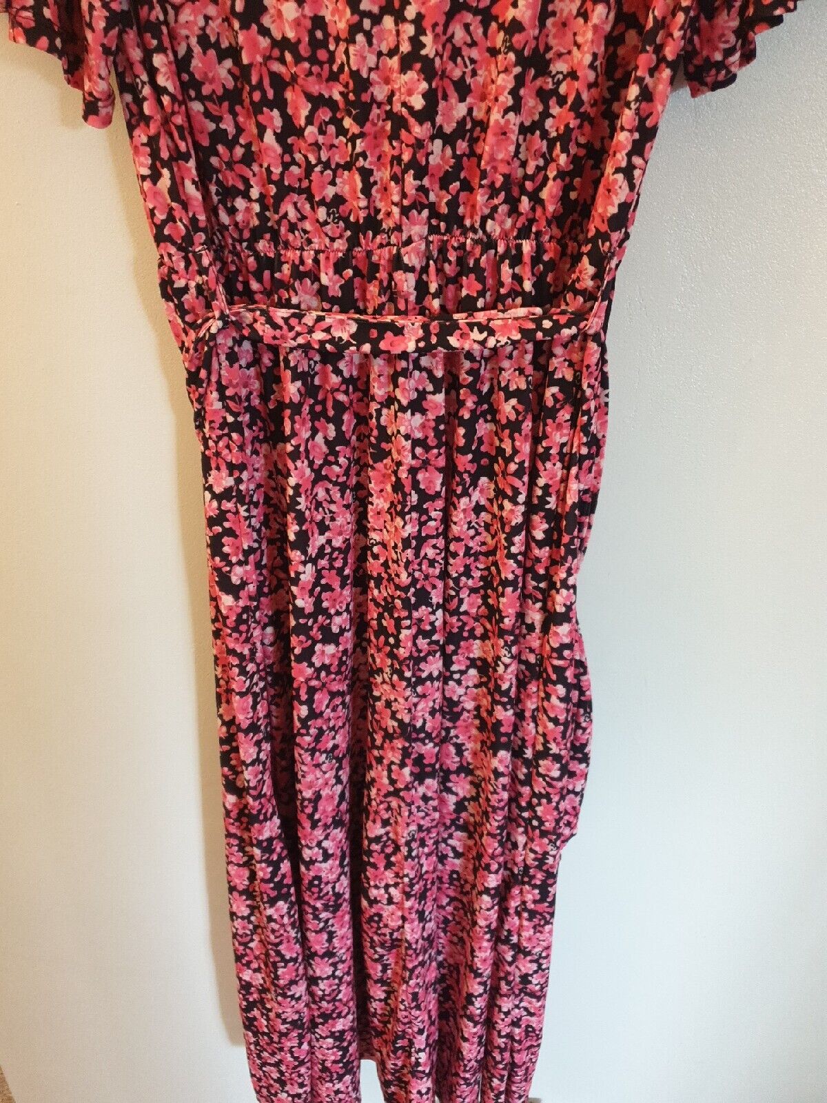 Black/Pink Floral Print Midi Dress Uk14****Ref V414