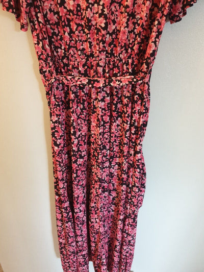 Black/Pink Floral Print Midi Dress Uk14****Ref V414