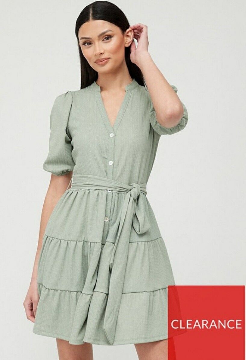 Tiered Sage Green Button Through Mini Dress UK 16 ****Ref V477