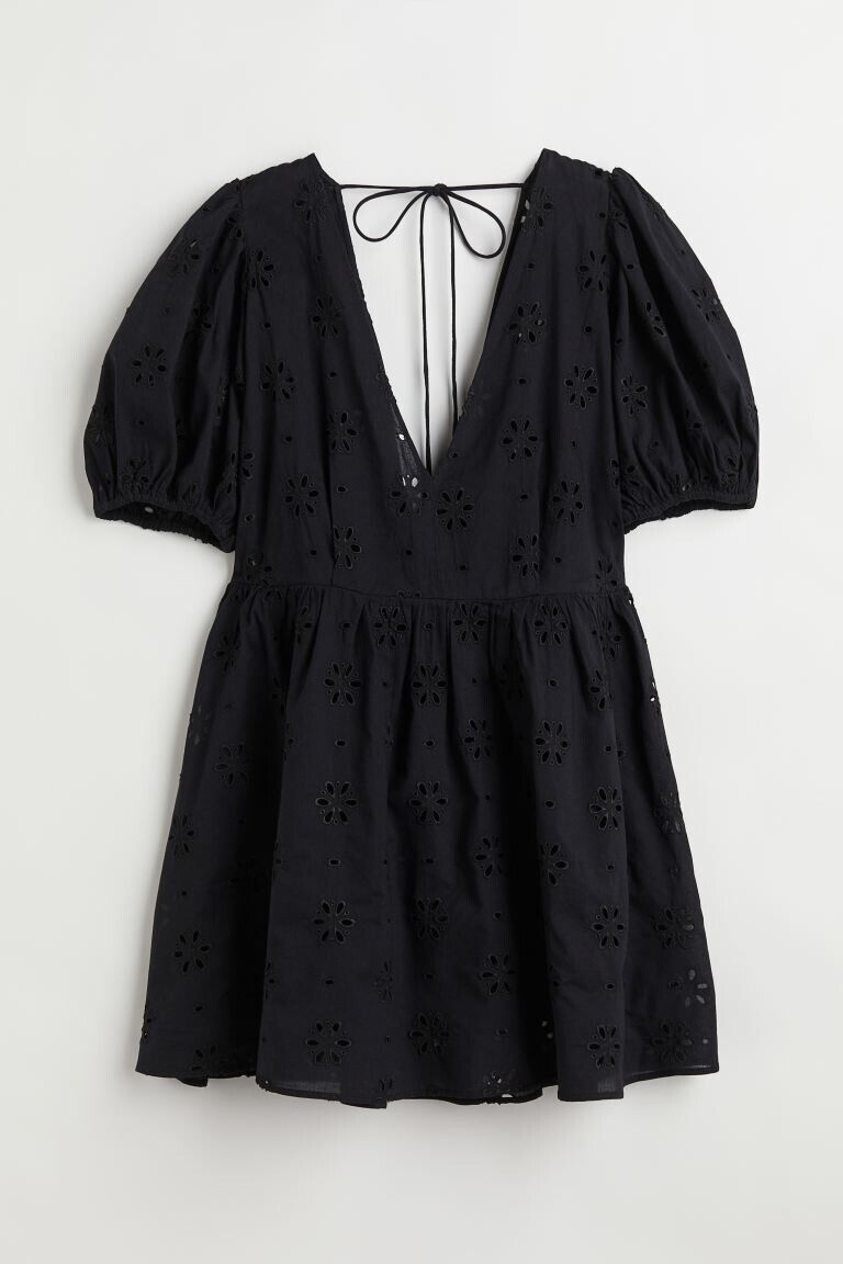 Womens Puff-Sleeved Broderie Anglaise Beach Dress - Black. UK 10