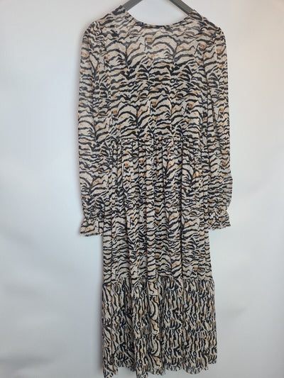 River Island Beige Animal Print Tiered Midi Dress Size 10 **** V36