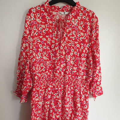 Shirred Waist Red Floral Print Skater Dress Uk14****Ref V274