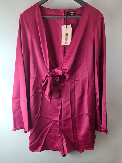 Missguided. Satin Tie Front Flare Sleeves Hot Pink Playsuit Size 14.