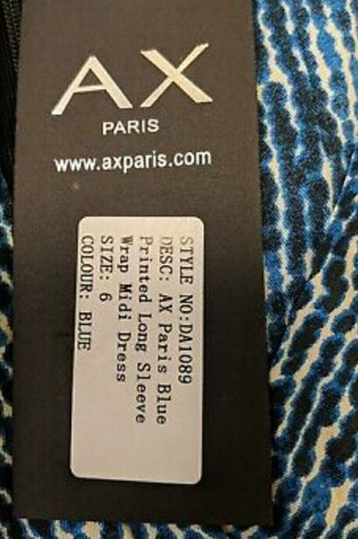 AX Paris Blue Printed Long Sleeve Wrap Midi Dress UK 6 **** SW20