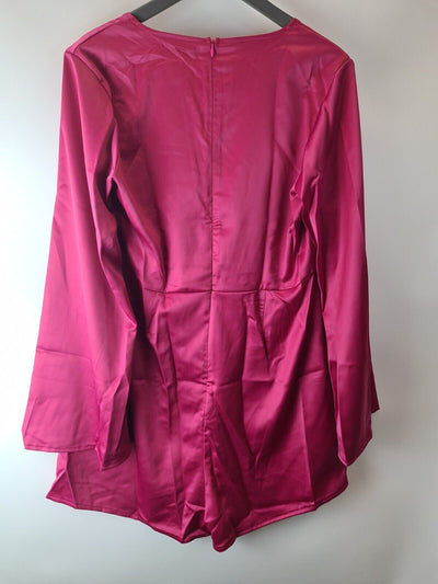 Missguided Satin Tie Front Flare Sleeves Hot Pink Playsuit Size 14 **** V470