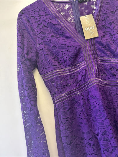 Quiz Lace Long Sleeve V Front MD Dress - Purple. UK 12 **** HV15