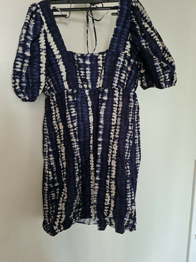 Oasis Tie Dye Print Puff Sleeve Dress Navy Uk8 Ref R8