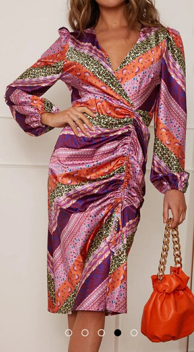 Chi Chi London Long Sleeve Printed Wrap Dress Multicolored Uk 8****Ref V533