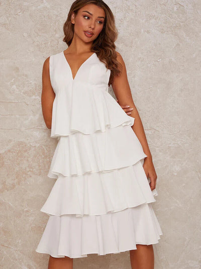 Chi Chi London Sleeveless Ruffle White Midi Dress Size 10 *** V272