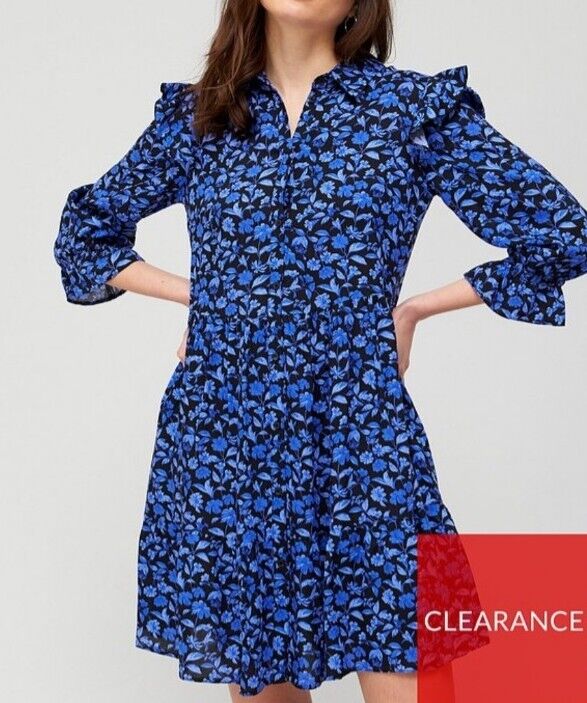 Blue Floral Button Up Shirt Dress Size 16 **** V397