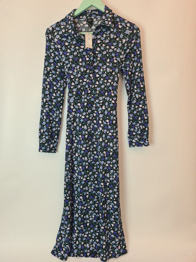 River Island Floral Long-Sleeve Black/Blue Dress Size 14 **** V253