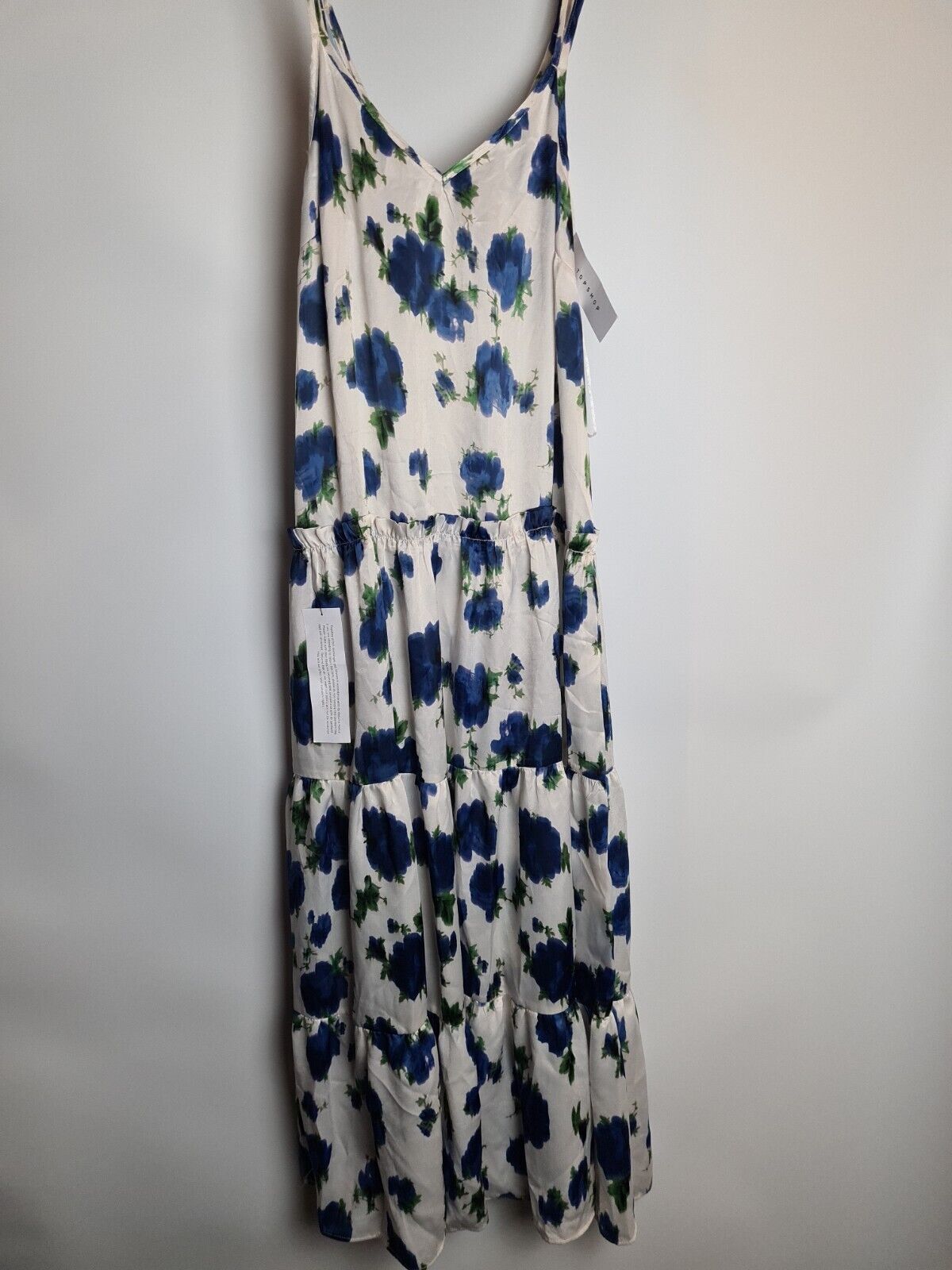 Topshop Satin Ivory And Blue Floral Midi Dress Size 10 **** VH6