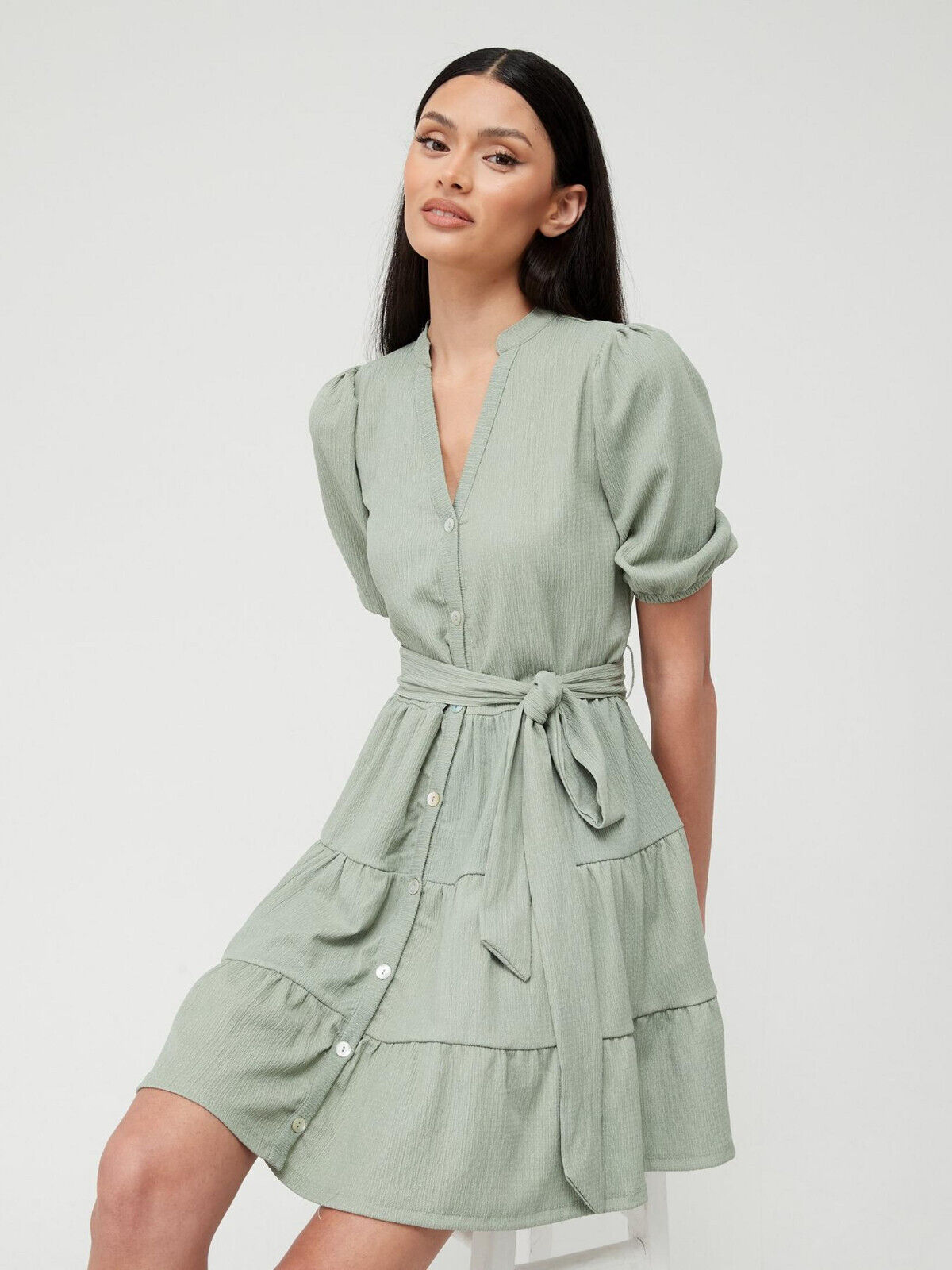 Tiered Button Up Mini Dress - Sage Green. UK 12. V59