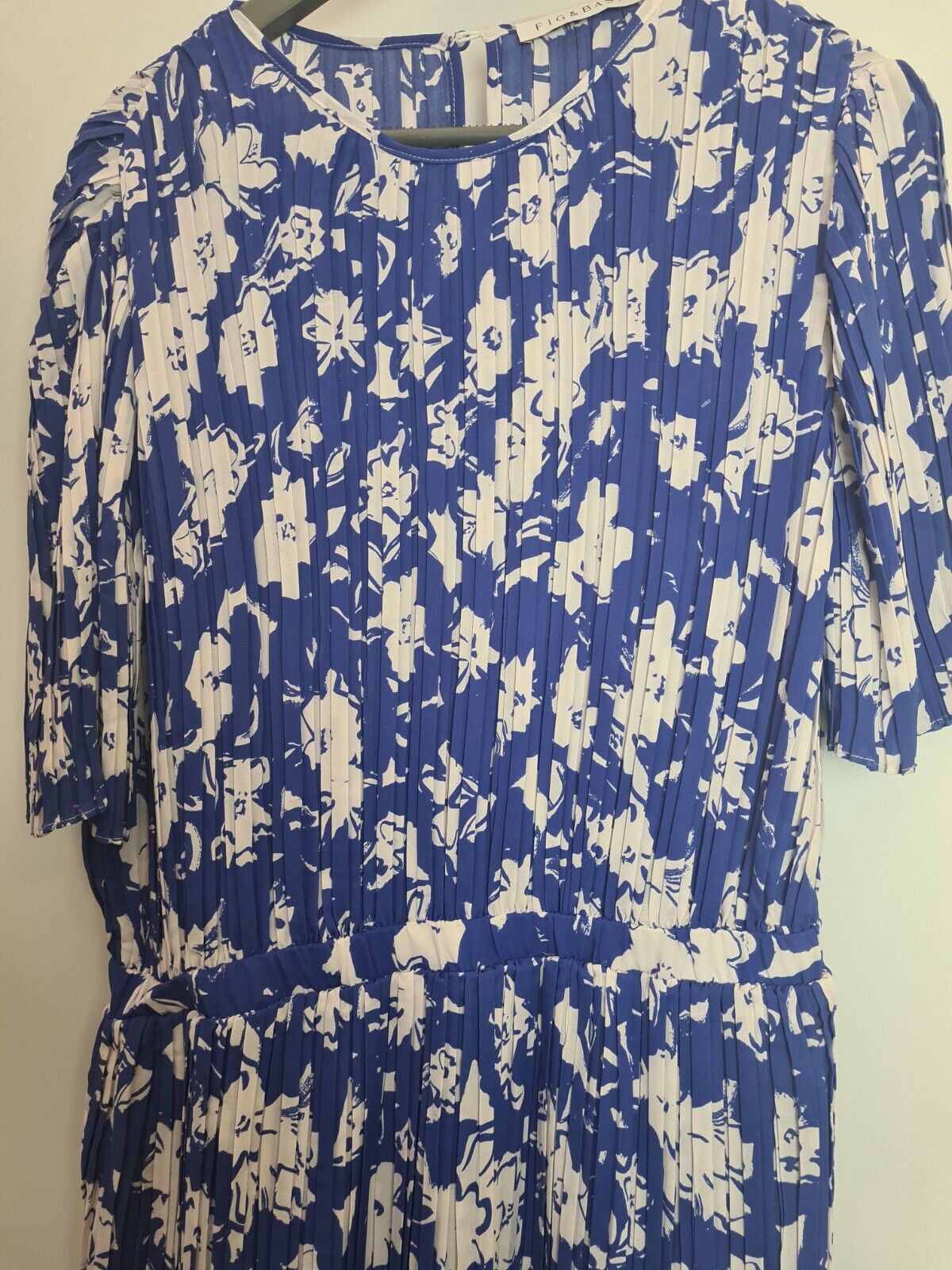 Fig & Basil Printed Plisse Tiered Midi Blue Dress Size 16 **** V57