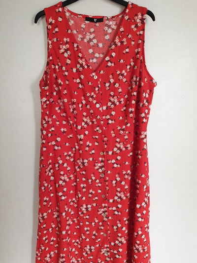 Red Floral Midi Dress V-Neck UK 14 ****Ref V528