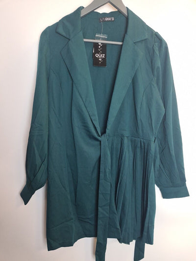 Quiz Woven Half Pleat Tie Front Puff Sleeve Green Blazer Dress Size 16 **** V281