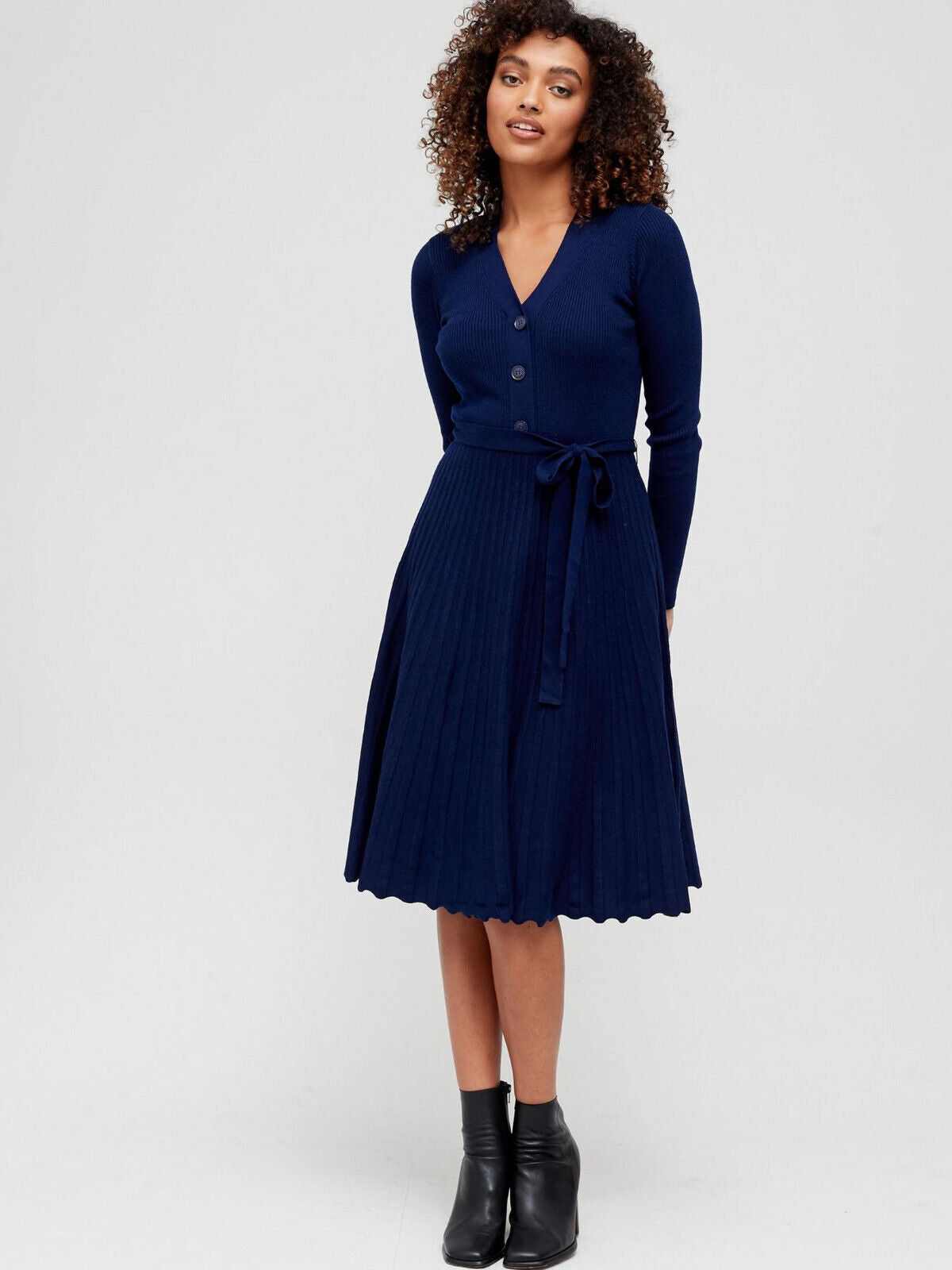 Womens Button Through Knitted Midi Dress - Navy. UK 8. V143