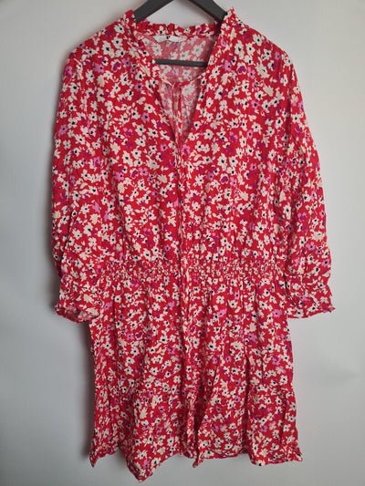 Womens Red Floral Tie Neck Dress Size 10 **** V389