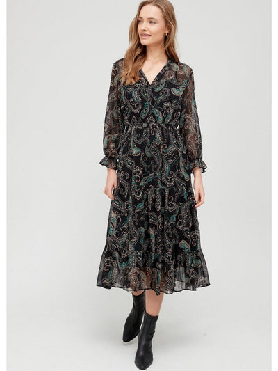 Womens V Neck Printed Midi Dress - Paisley Print. UK 10 **** V348