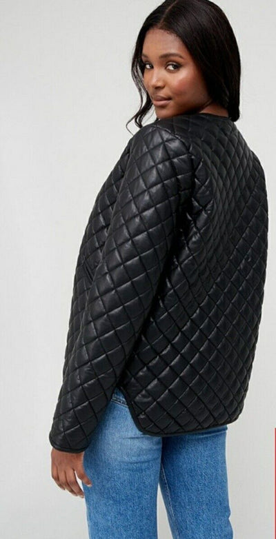 Collarless Faux Leather Shacket- Black .Uk 20