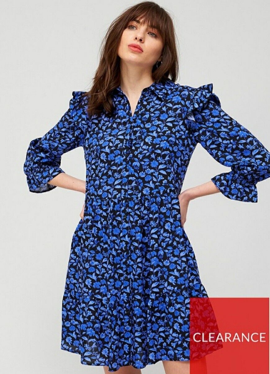 Button Through Shirt Dress Blue Floral Uk16****Ref V412