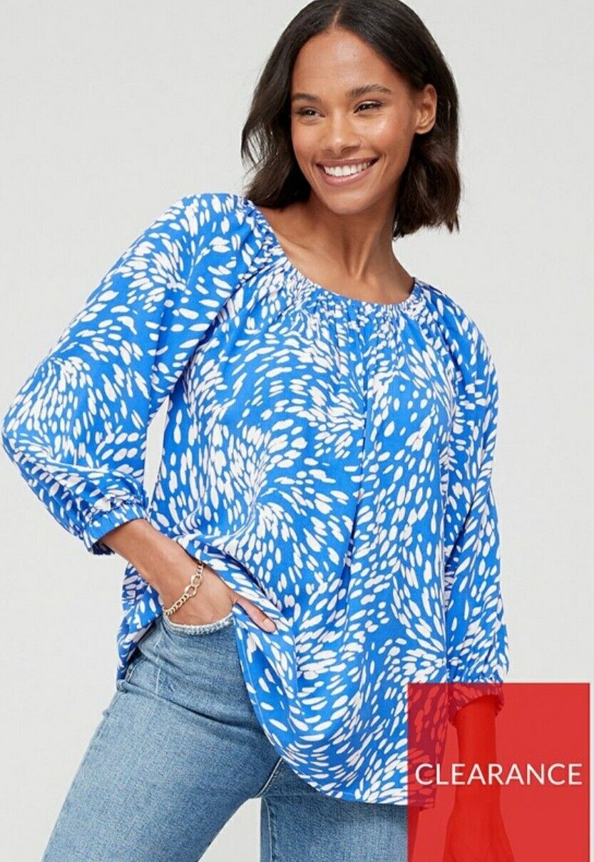 Scoop Neck Elasticated Blouse Blue Print Uk12****Ref V538