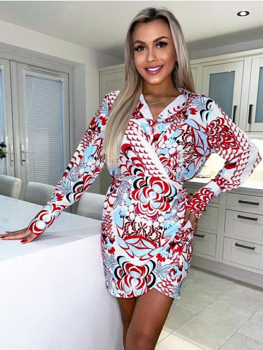 Ax Paris Red And Blue Abstract Wrap Shirt Dress Uk10****Ref V440