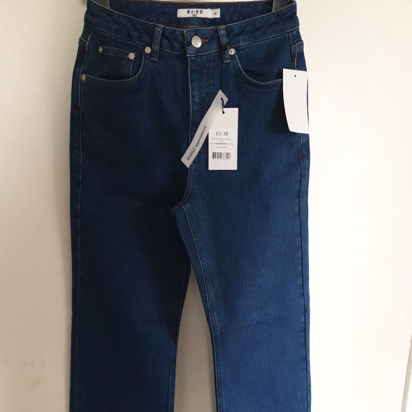 na-kd Straight Leg High Waisted Jeans Mid Blue Size 8 ****Ref V42