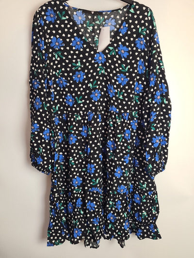 V Neck Tiered Mini Blue Floral Dress Size 16 **** V454