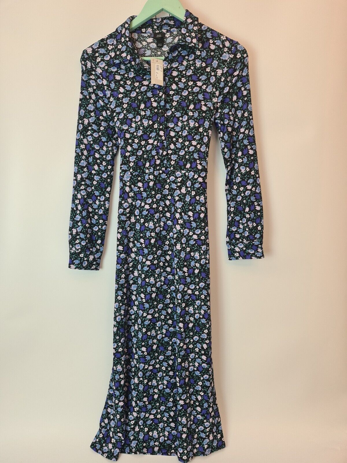 River Island Floral Long-Sleeve Black/Blue Dress Size 14 **** V32