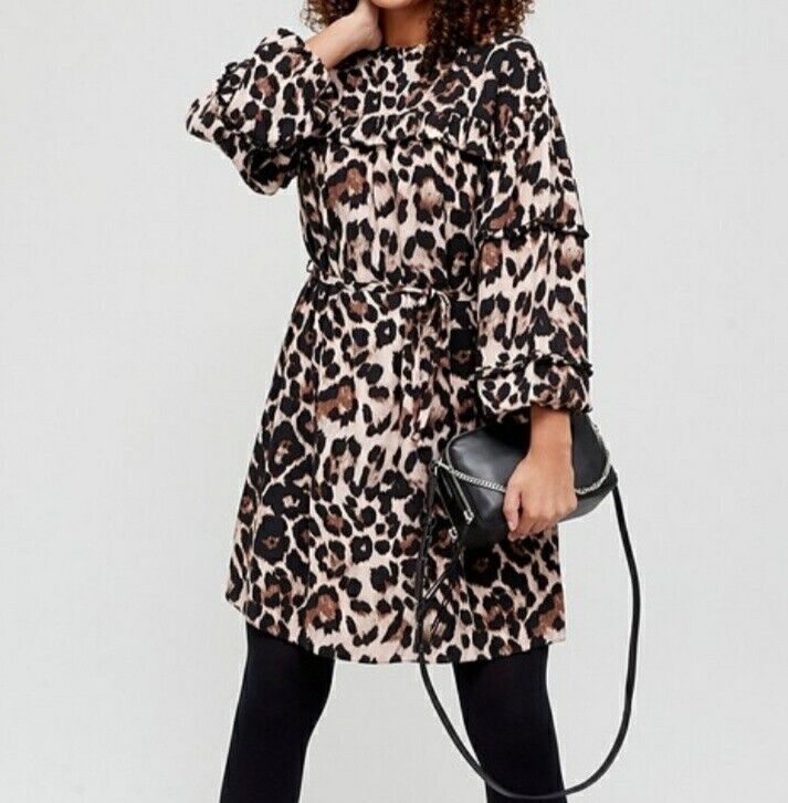 Ruffle detail Animal Print Dress Long Sleeve UK 14 ****Ref V510