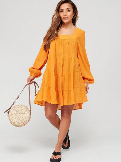 Orange Long Sleeve Square Neck Tiered Beach Mini Dress Size 12 **** V546