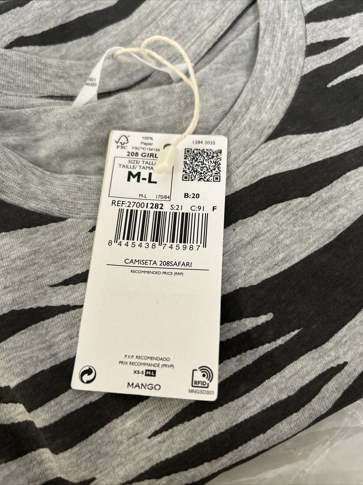 Mango Girls Zebra T-Shirt. Size M/L **** V93