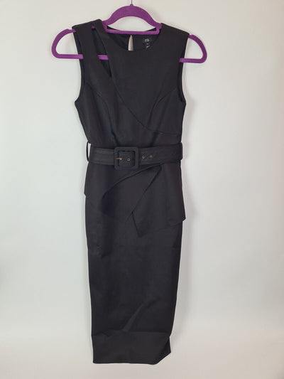 River Island Black Belted Bodycon Midi Dress Size UK 6 **** V80