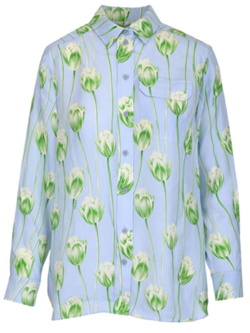 Kenzo Silk Satin Tulip Printed Shirt With Breast Pocket Blue Size 38****Ref V550