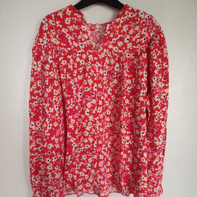 Red Floral Print Blouse High Neck Size 12 **** V400