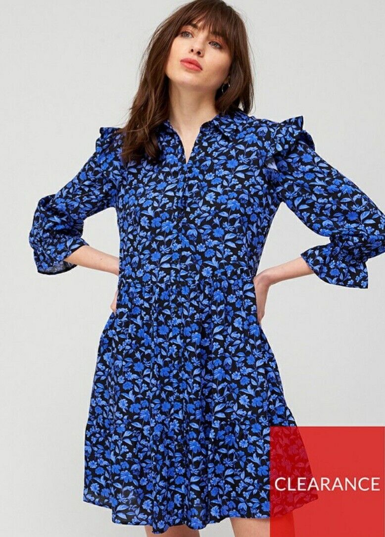 Button Through Shirt Dress Blue Floral UK 14 ****Ref V406