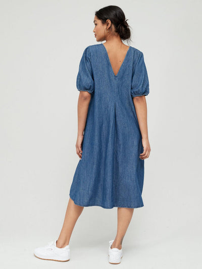 PIECES V-Neck Midi Denim Dress - Blue. UK XS. ****V91