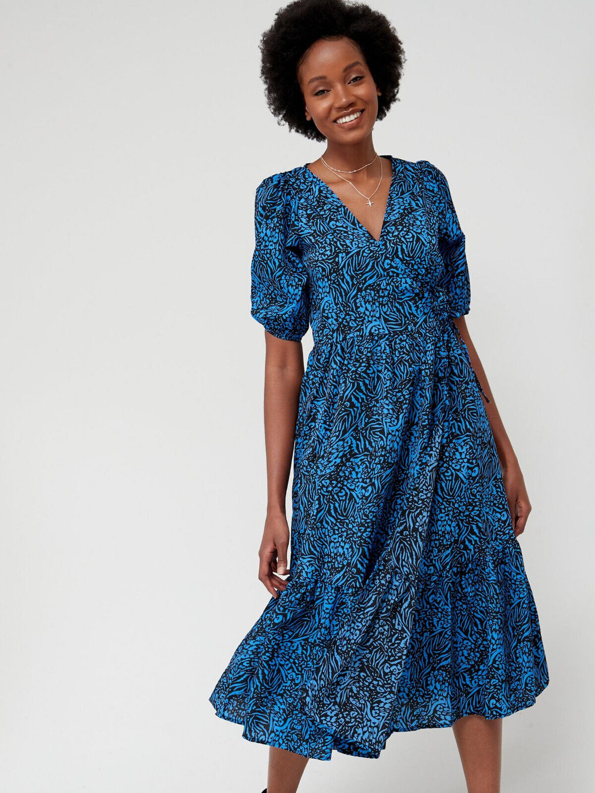 Brave Soul Blue Animal Printed Wrap Midi Dress Size Small **** V429