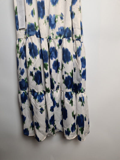 Topshop Satin Ivory And Blue Floral Midi Dress Size 10 **** V222