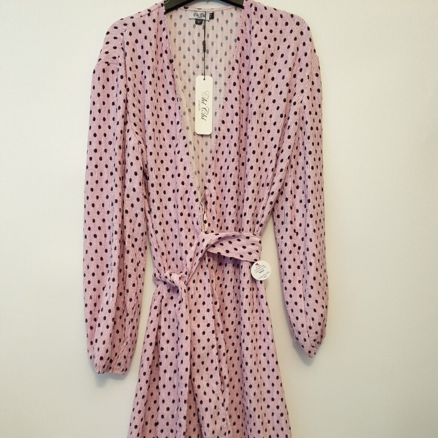 Chi Chi London Long Sleeve Polka-dot Midi Wrap Dress Pink UK 8 ** SW21