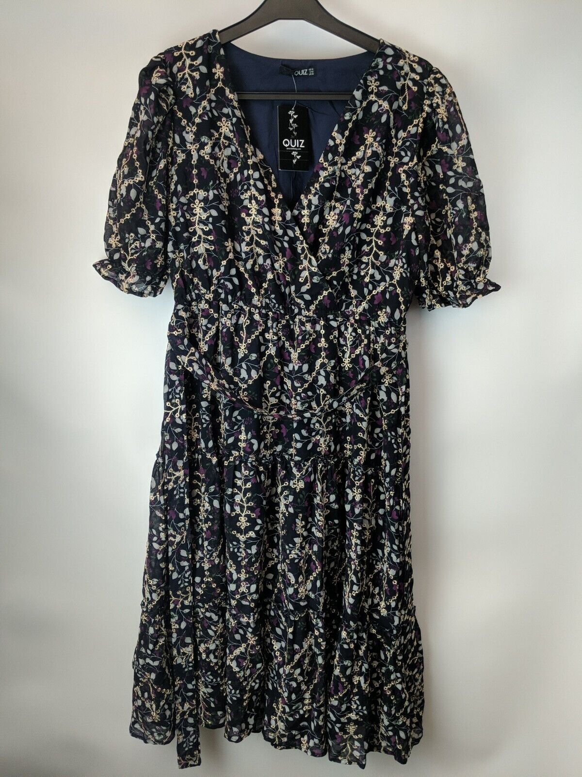 Quiz Navy Purple Embroidered Short Sleeved Midi Dress Size UK 10 **** V470