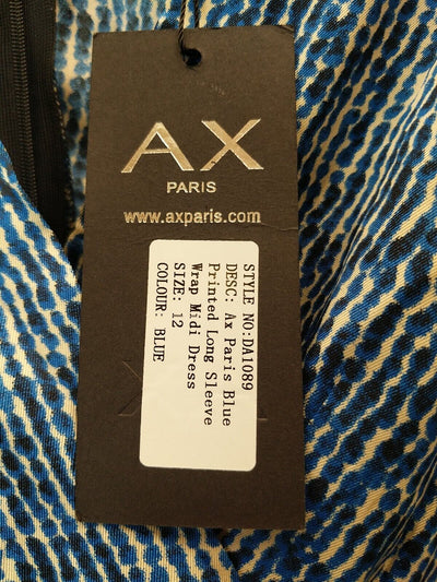 AX Paris Blue Printed Long Sleeve Wrap Midi Dress Size UK 12 **** V28