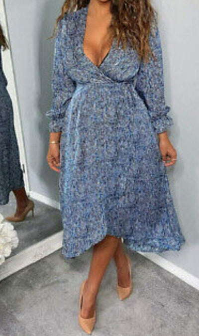 AX Paris Blue Printed Long Sleeve Wrap Midi Dress UK 6 **** SW12