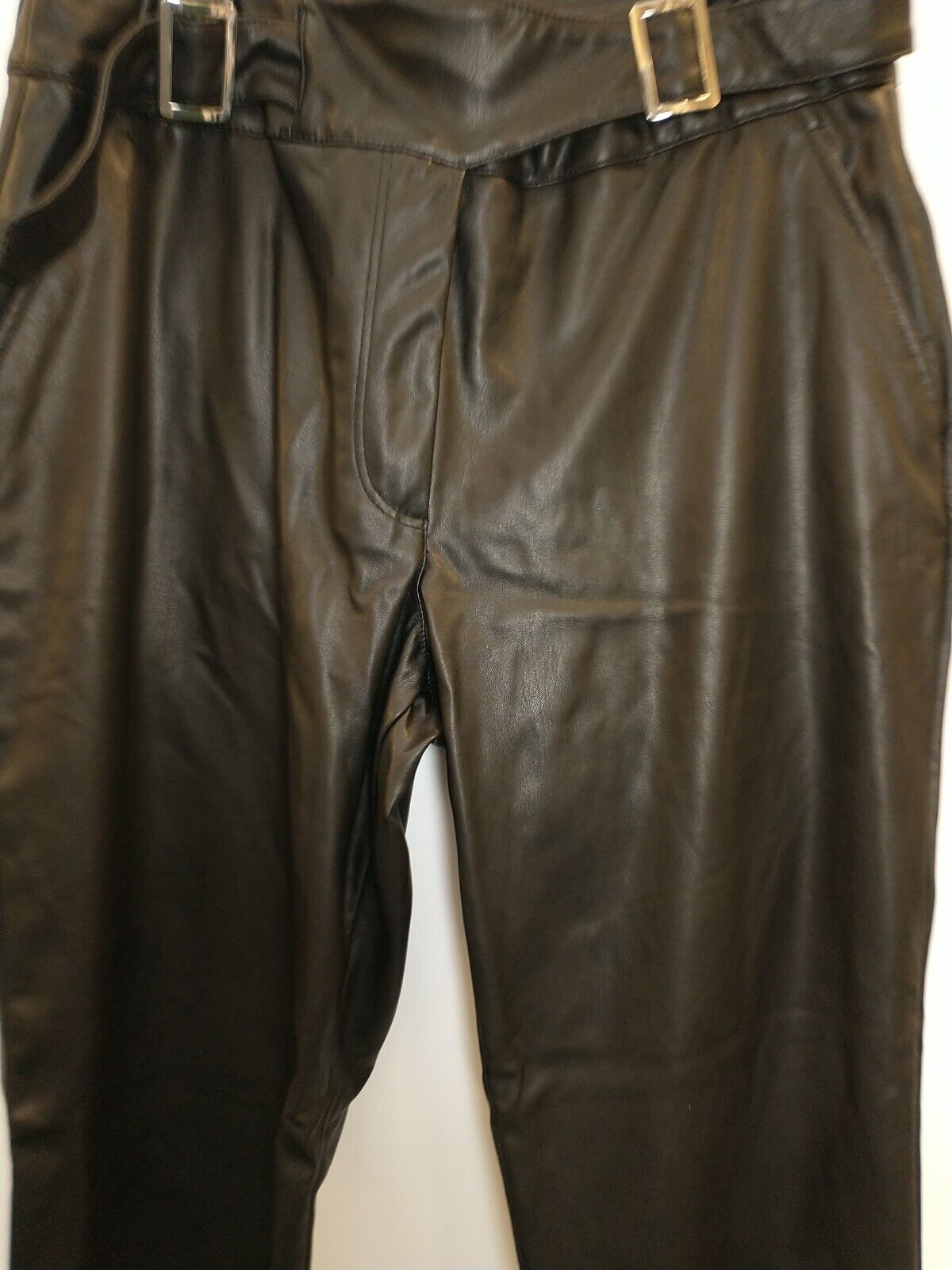 Faux Leather Wrap Waist Straight Leg Black Trousers Size 16 **** V143