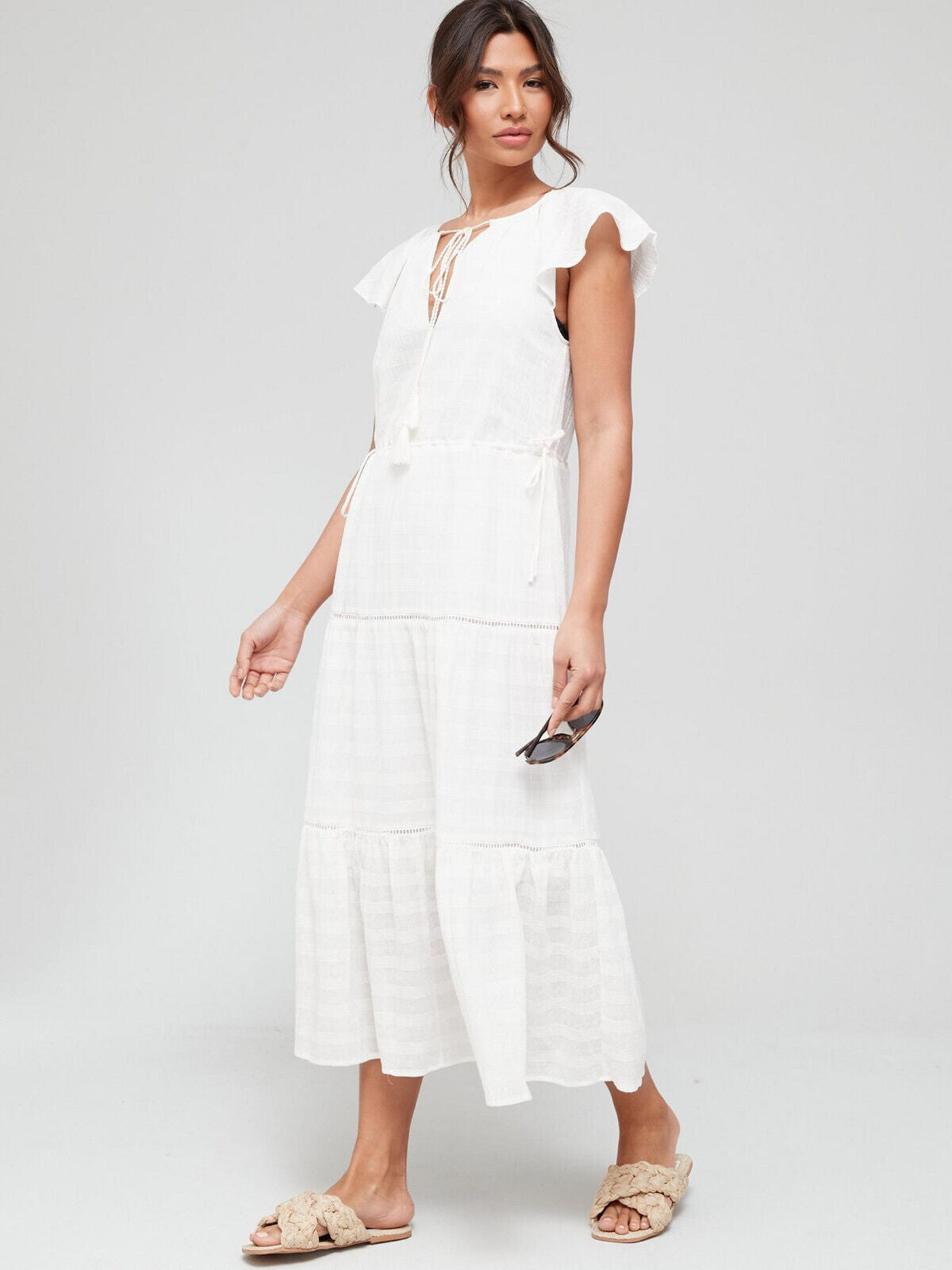 Textured Fabric Angel Sleeve Midi Beach Dress - Off White. UK 10 **** Ref V280