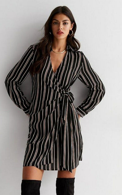 New Look Black Striped Pattern V Neck Wrap Dress Uk18****Ref V489