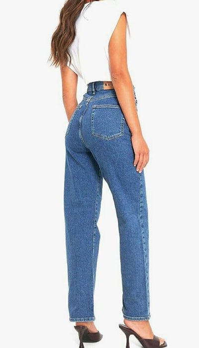 na-kd Straight Leg High Waisted Jeans Mid Blue Size 10****Ref V539