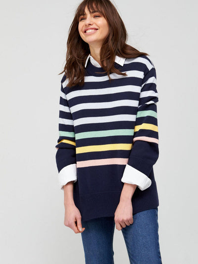 Knitted Multi Stripe Jumper Oversized - Navy/Multi. UK M **** V449